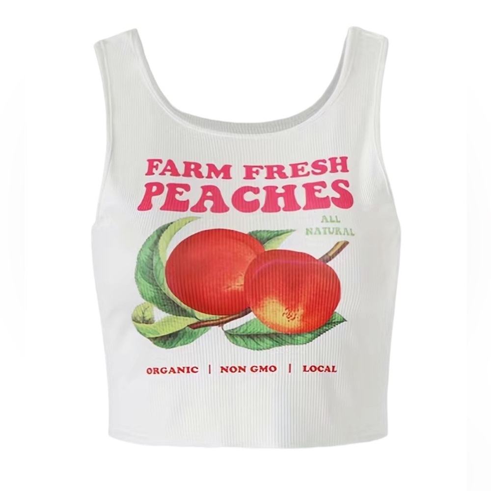 🍑 FARM FRESH PEACHES White Crop Top Tee Women’s NEW